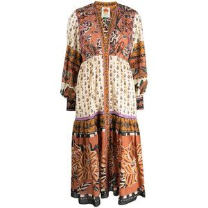 Farm Rio Beige Ainika Floral V Neck Midi Dress Size Small NEW Boho Festival